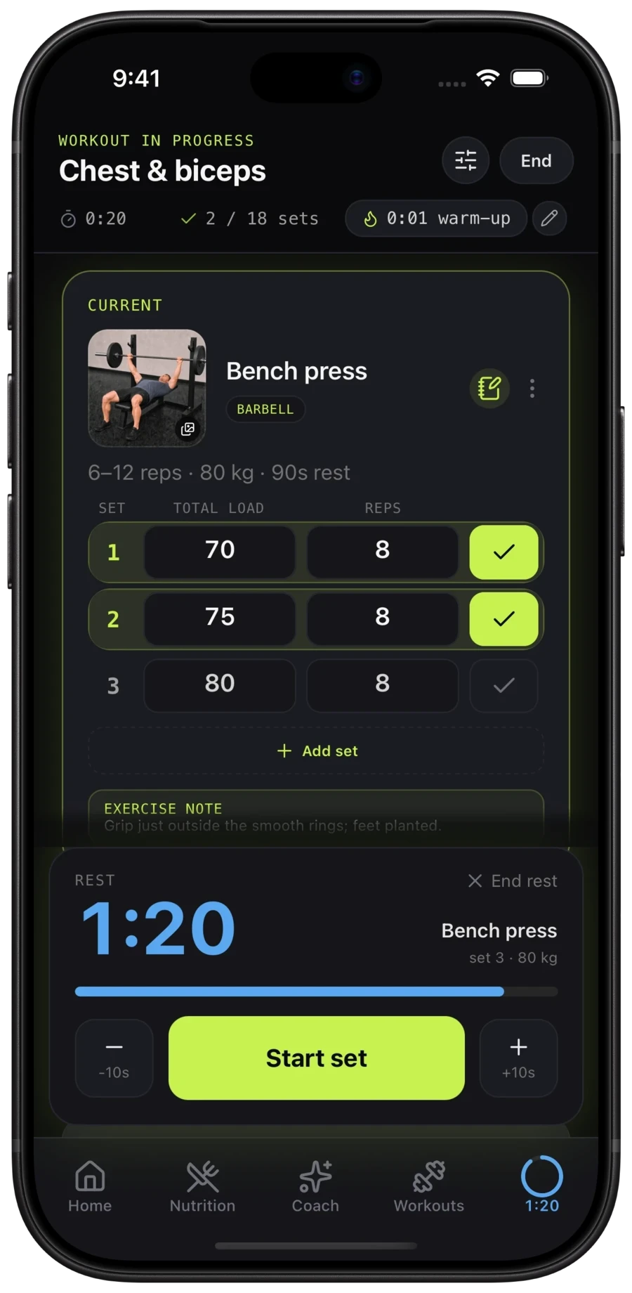 Forced Rep on iPhone during a chest and biceps workout: two bench press sets ticked and the rest timer counting down from 1:20.