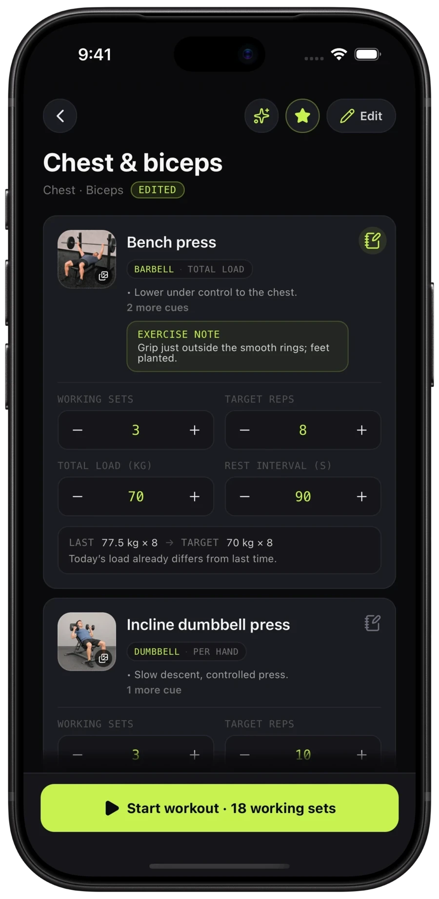 Forced Rep's plan for a chest and biceps day on iPhone: bench press and incline dumbbell press, each with working sets, target reps and a rest interval.