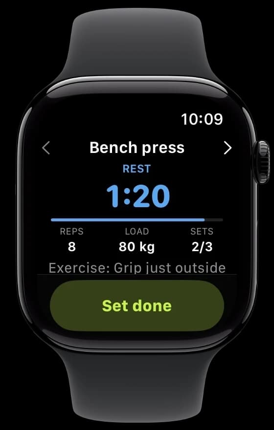 Forced Rep on Apple Watch showing the same bench press rest timer.
