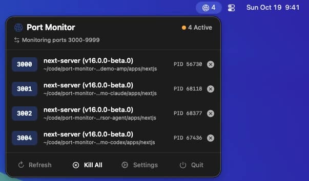 Port Monitor's menu bar window on a Mac: four Next.js servers on ports 3000, 3001, 3002 and 3004, each with its project folder, process ID and a stop button.