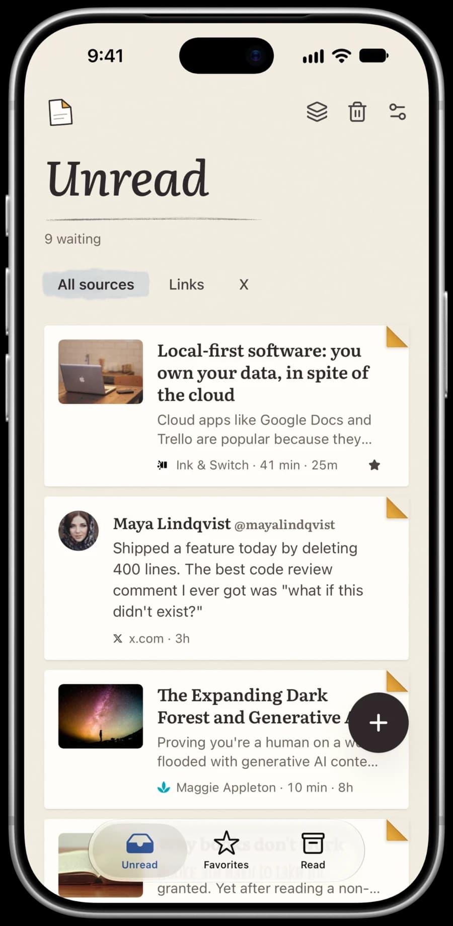 The same Read It Later library on iPhone, open on the Unread tab.