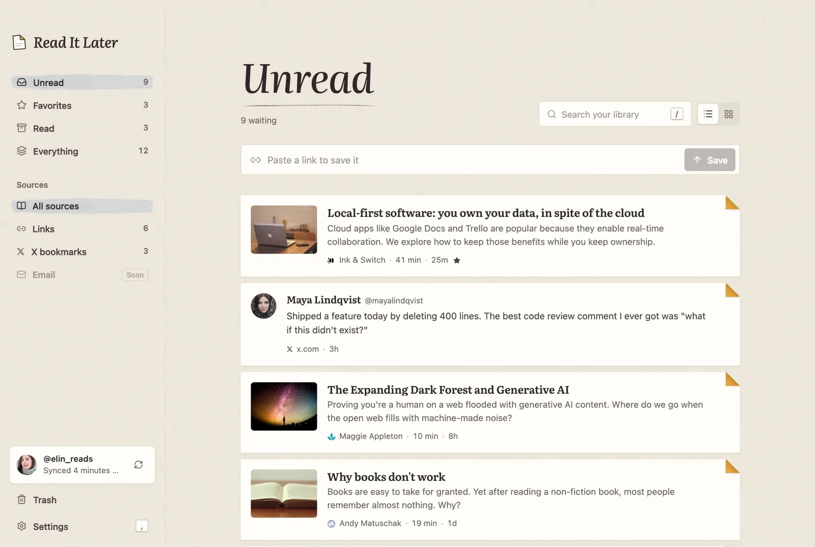 The Read It Later Mac app: a sidebar with Unread, Favorites and Read, and a list of saved articles and posts, each with its corner folded down.