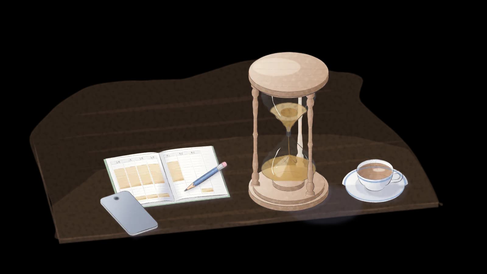 A watercolour of a desk with an hourglass, a weekly planner, a pencil, a phone lying face down and a cup of coffee.
